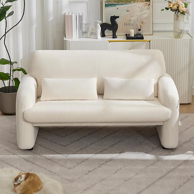 WUTUTUEE 56'' Corduroy Loveseat Sofa, 2 Seater Love Seat Couch for Small Space, Comfy Upholstered Modern Leisure Loveseat Couches with Lumbar Pillows for Bedroom, Office, Living Room, White