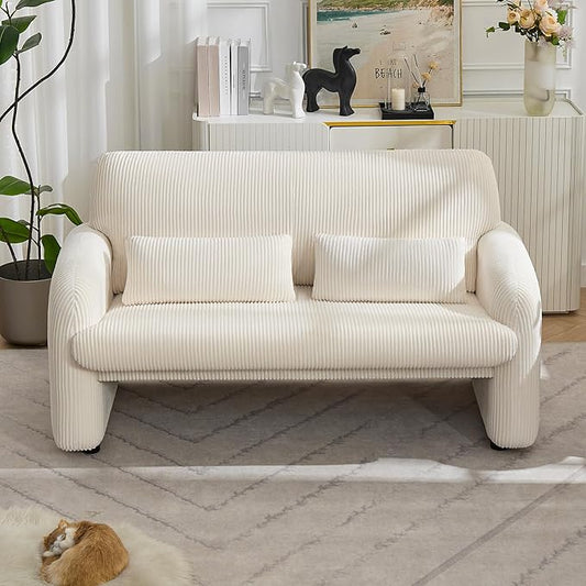 WUTUTUEE 56'' Corduroy Loveseat Sofa, 2 Seater Love Seat Couch for Small Space, Comfy Upholstered Modern Leisure Loveseat Couches with Lumbar Pillows for Bedroom, Office, Living Room, White