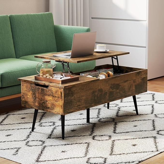 Tangkula Lift Top Coffee Table, Mid Century Modern Center Table with Split Top & 2 Hidden Compartments, Rectangle Accent Table with Tapered Metal Legs for Living Room (Rustic Brown)
