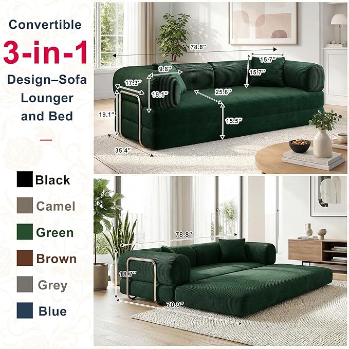 78 Inch Folding Convertible Sofa Bed, 4-in-1 Oversized Cloud Corduroy Upholstered Boneless Couch, Loveseat Sleeper with Pull Out Bed, Modular Futon Floor Sofa Couch for Living Room Bedroom Lounge