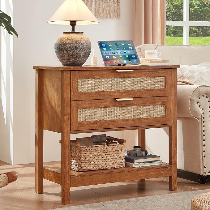 LEYAOYAO 31.5" Wide Rattan Night Stand with Charger Station, Oversized Large Boho Nightstand with 2 Drawer, Tea Brown Bed Side End Tables, Tall Bedside Table for Bedroom Living Room, Hallway by LEYAOYAO-Findtheshiningpointofyourideallife%EF%BC%81