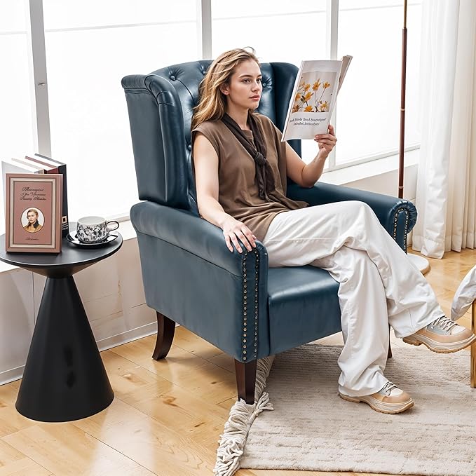 Faux Leather Accent Chair, Mid-Century Armchair Upholstered Club Sofa Chair with Wooden Legs, High Back Living Room Chair for Bedroom, Office, Lounge (Blue)