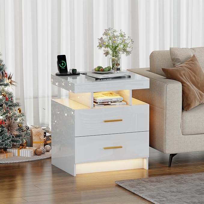 Smart Night Stand Set of 2 with Charging Station, Modern White Nightstand with 24 Color Lights and 2 Drawers, LED Bedside Tables with Auto Senor,High Gloss End Side Table for Bedroom - Image 4