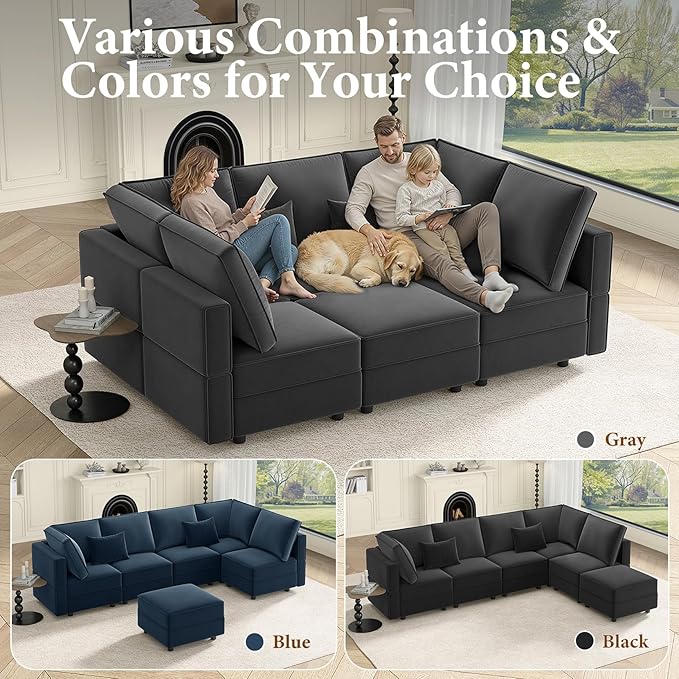 Vesgantti Sectional Sleeper Sofas with Storage, 92" Sofa Bed with 6 Seats Storage Chaises Removeble Cover, Deep Seat Modular Couches Velvet Couch Set for Living Room, Apartment, Home Theatre, Grey