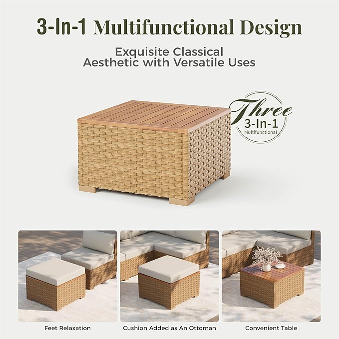 Wicker Outdoor Patio Furniture Set 7 Pieces Patio Chaise Longue Conversation Set, Rattan U-Shaped Sofa Couch with Acacia Wood Coffee Table for Deck Porch and Garden