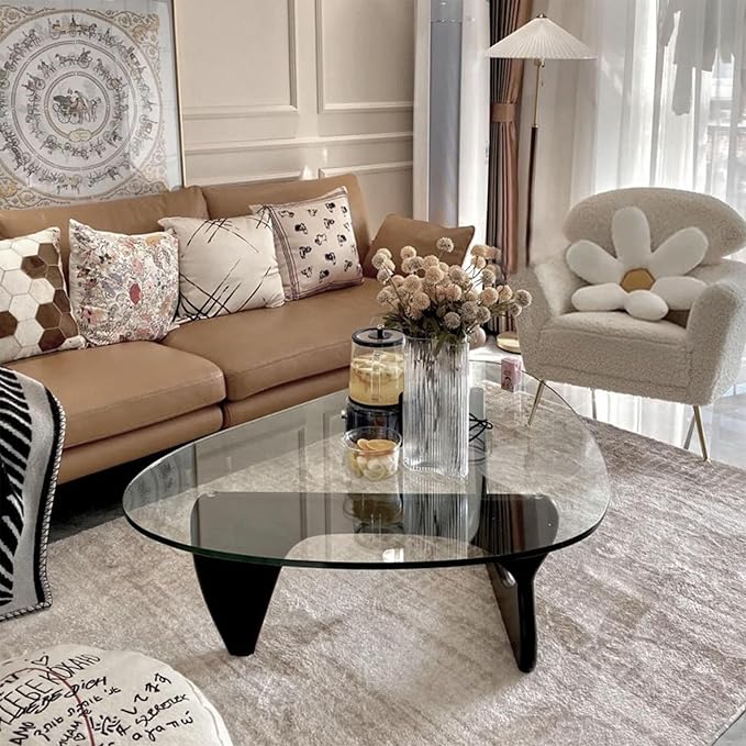 Black Modern Glass Coffee Table, Unique Triangle Coffee Table for Living Room, Tempered Glass Top + Wooden Base, Abstract Contemporary Center Tables for Home Office Bedroom