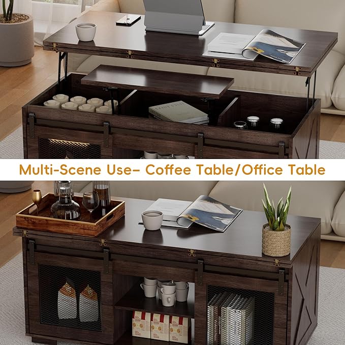 Upgraded Coffee Table with Lifting Top And Sliding Doors, Thick Panels, Industrial Metal Mesh Sides, Dual LED Accent Lights, Large Storage Center farmhouse square Table for Living Room, Dusk Walnut