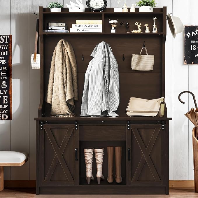 4ever2buy Farmhouse Hall Tree with Bench 5-in-1 Entryway Bench with Coat Rack with Sliding Barn Doors Entryway Coat Rack with Shoe Storage Dark Oak - Image 8