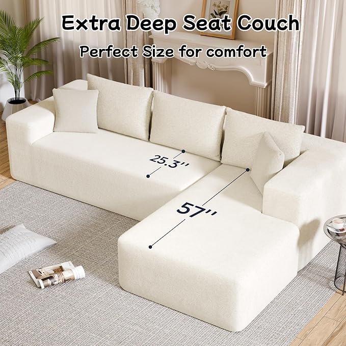 104” Sectional Cloud Couch, L-Shape Compressed Sofa with Left Chaise Lounge, Modular Cloud Couch with 2 Pillows & Deep Seat, Rain Drop Velvet Upholstered Floor Sofa for Living Room, Beige