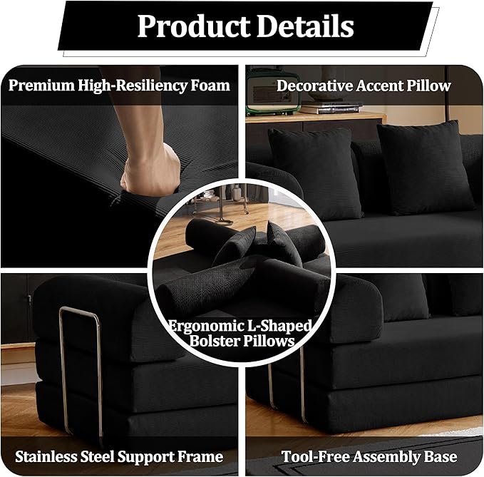 79'' Convertible Compressed Corduroy Folding Cloud Sofa Bed, 5 in 1 Modern Modular Boneless Pull Out Loveseat Sleeper in a Box, No Assembly Floor Mattress Futon Couch for Home, Black, Pillows, King