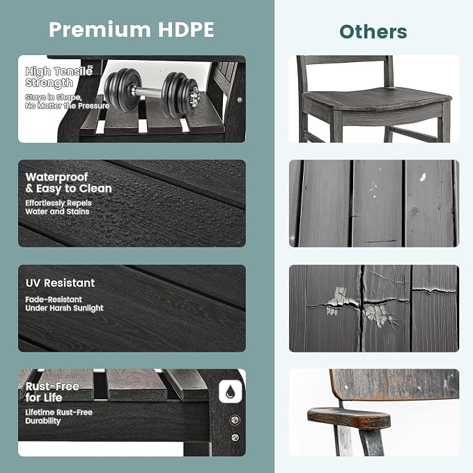 Pamapic 5-Piece Outdoor Dining Set, HDPE Outdoor Rectangular Table and 4 Chairs, Wood Grain Patio Furniture Sets with Armrest, All-Weather Patio Dining Table with Umbrella Hole, Black - Image 4