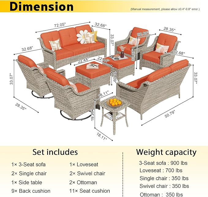 HOOOWOOO 9 Piece Patio Furniture Conversation Sets with Swivel Rocking Chairs,Outdoor Wicker Furniture with Ottoman,All Weather Resistant High Back Rattan Conversational Set(Orange Red)