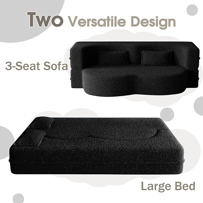 78" Convertible Sofa Bed, 2-in-1 Folding Floor Couch with 2 Pillows, Sleeper Sofa for Living Room and Bedroom, No Assembly Required (Black, Teddy Fabric)