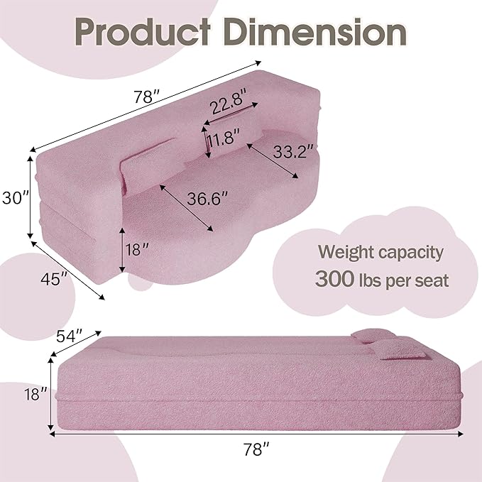 78" Convertible Sofa Bed, 2-in-1 Folding Floor Couch with 2 Pillows, Sleeper Sofa for Living Room and Bedroom, No Assembly Required (Pink, Teddy Fabric)