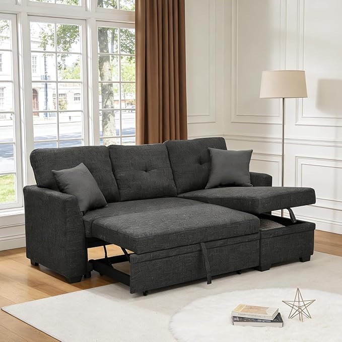 Sectional Sleeper Sofa with Pull Out Bed, L Shape Convertible Linen Couch with Storage Chaise, 2 in 1 Pull Out Sofa Bed with 2 Seats, for Living Room, Apartment, Charcoal Black