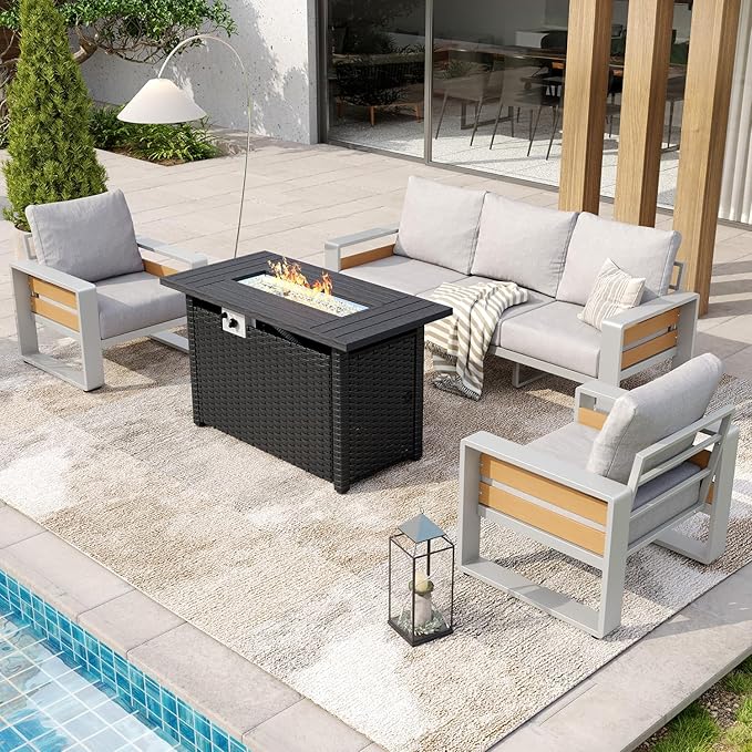 Aoxun Aluminum Patio Furniture Set with Fire Pit Table, 5 Seats Luxury Outdoor Sectional with 6" Olefin Fabric Cushions, Patio Conversation Sets with Waterproof Cover for Backyard, Deck Grey