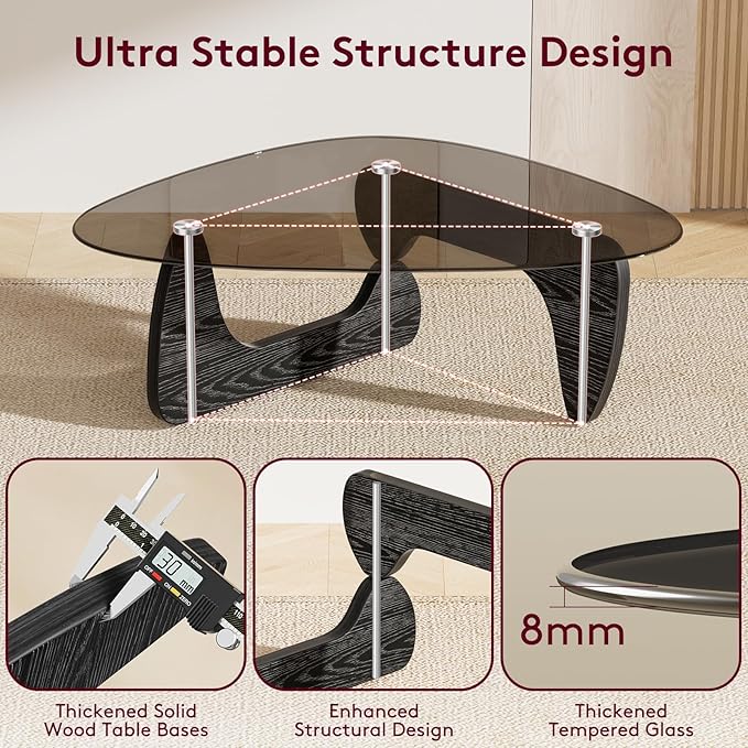 Solid Wood Morden Coffee Table, 42.5" x 28.5" x 16.1" Triangle Center Table for Living Room w/Tempered Glass Top, Vintage Minimalist Tea Table for Small Space, Office (Black)
