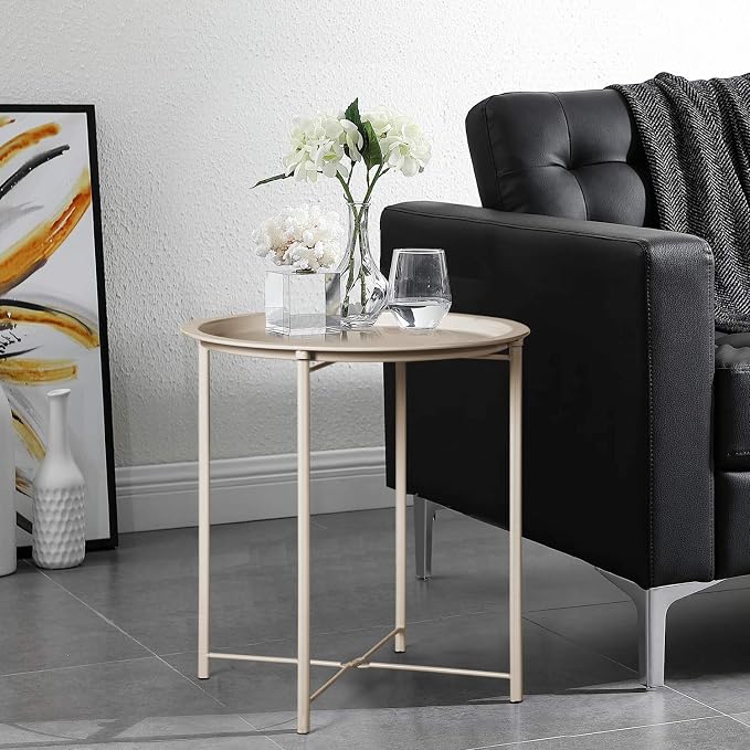 VECELO Side/End Table, Folding Round Metal Anti-Rust and Waterproof Outdoor or Indoor Tray for Living Room Bedroom Balcony and Office, 2 PCS, Grey - Image 2