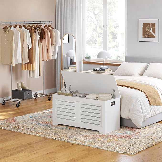 DINZI LVJ Storage Chest, 39.4”Wooden Toy Box with 2 Safety Hinges, Retro Entryway Shoe Storage Bench with Flip-Top, Sturdy Large Storage Trunk for Living Room, Bedroom, Easy Assembly, White - Image 5