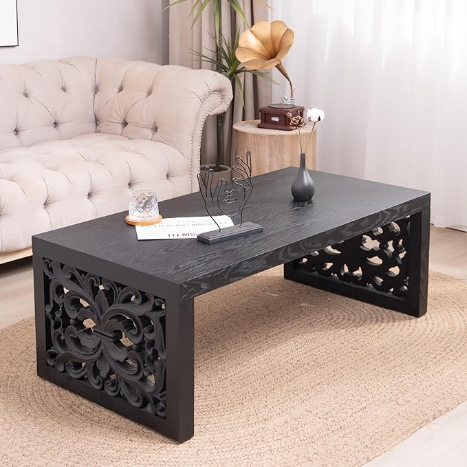 Rectangular Coffee Table with Handcrafted Ornate Side Panels, Rustic Center Table with Solid Wood Veneered, Farmhouse Tea Table for Living Room Office Apartment,47.2" L x 23.6" W x 17.9" H