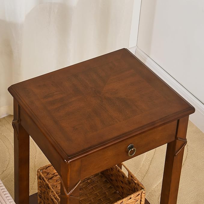 PADMA HOUSE Solid Wood End Table with Drawer & Shelf, Rectangle Sofa Side Table with Dual-Hourglass Tabletop Mid-Century Apartment Bedside Table for Living Room Bedroom,19.7 * 15.7 * 27.6in