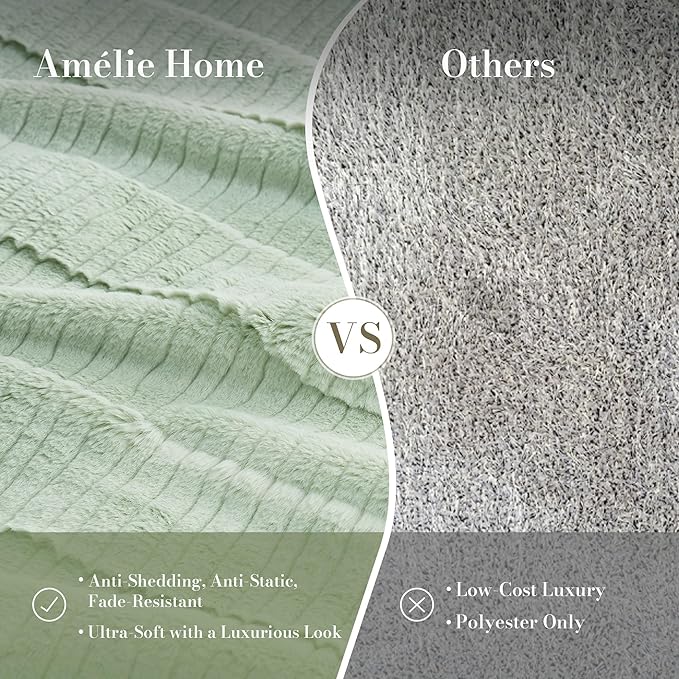 Amélie Home Luxury Striped Faux Fur Throw Blanket for Couch, Soft Cozy Fuzzy Fluffy Soft Plush Blankets Sofa Chair Gift Blankets for Women, 55"x70", Sage Green