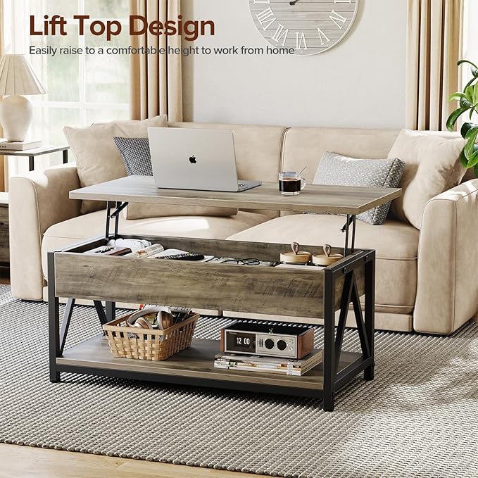 Lift Top Coffee Table,Lift Coffee Tables with Storage Shelf and Large Hidden Compartment for Living Room,Lift Tabletop Dining Center Table for Small Space, Grey