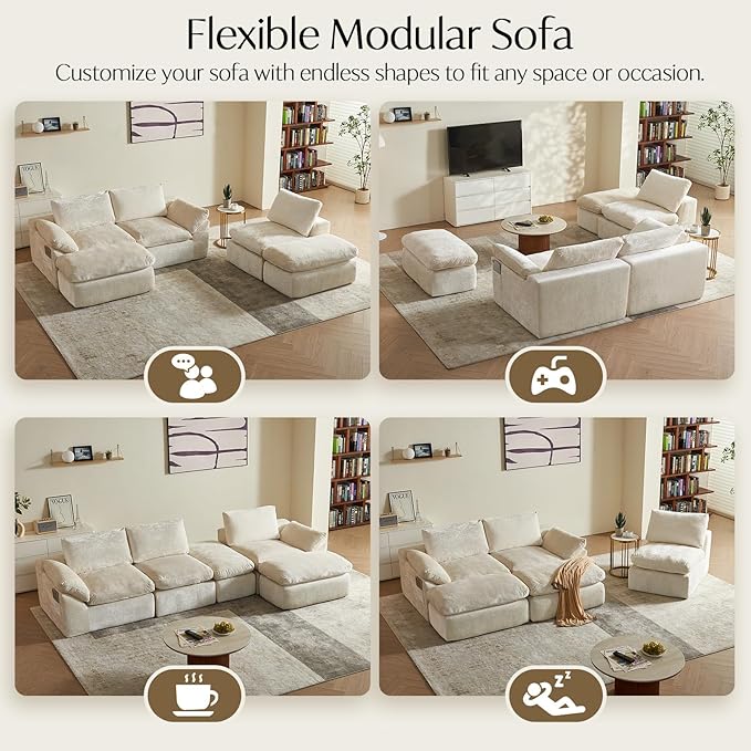 Vamcheer U Shaped Cloud Couch - Utra Soft Modular Sectional Sofa with 2 Movable Ottoman, Deep Seat Boneless Couches for Living Room, Bedroom, Office, No Assembly Required, Beige