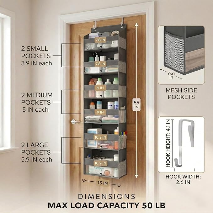 HOMELUX THEORY UPGRADED 6 Tiers Over The Door Organizer Hanging - 100D EXTRA THICK & 50lbs HUGE CAPACITY, 12 Side Mesh Pockets Over The Door Shoe Organizer, Hanging Closet Organizer (Dark Gray, 2pc) - Image 2