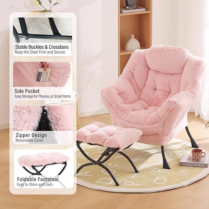 Furlide Lazy Chair with Ottoman, Modern Accent Chair with Armrests and a Side Pocket, Plush Pink Accent Chairs, Reading Chairs, Oversized Armchairs for Bedroom, Study, Living Room, Courtyard