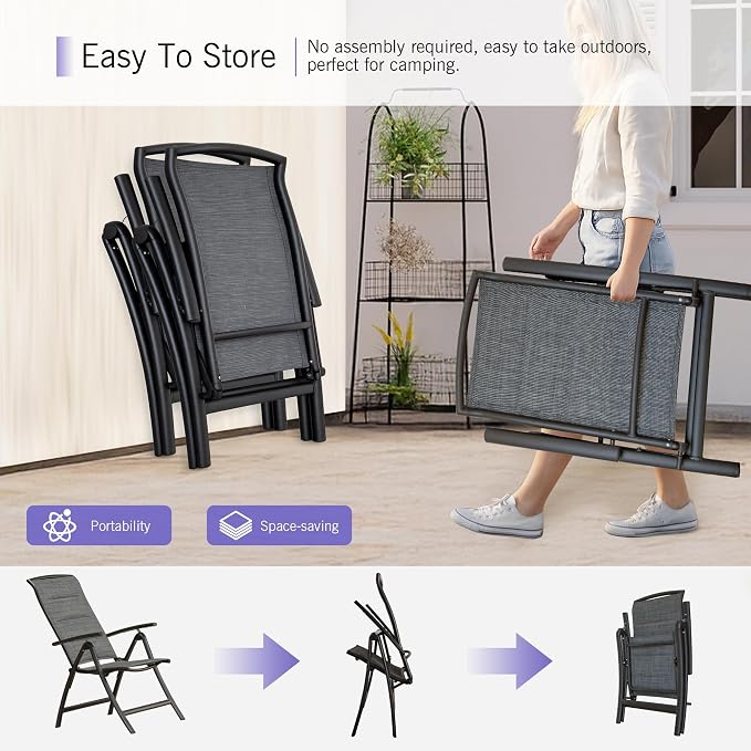 Domi Folding Patio Chairs Set of 2, Aluminium Frame Reclining Sling Lawn Chairs with Adjustable High Backrest, Patio Dining Chairs for Outdoor,Porch,Balcony (Double-Layered Textilene Fabric) - Image 6