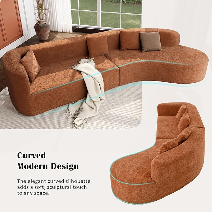 Merax Modern Minimalist Large 2-Piece Sectional Curved Chenille Sofa with 3 Pillows and High-Density Foam for Luxurious Comfort and Seamless, for Living Room, Bedroom, Orange