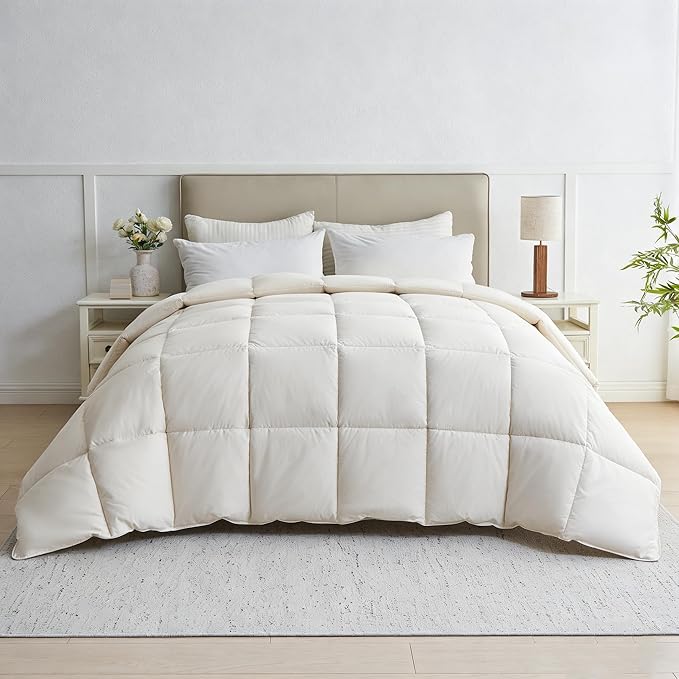 puredown® Goose Feather Down Fiber Comforter Full/Queen Size - 100% Organic Cotton Cover All Season Duvet Insert, Breathable Fluffy Warmth Hotel Luxury Bedding Comforter (88"x90")