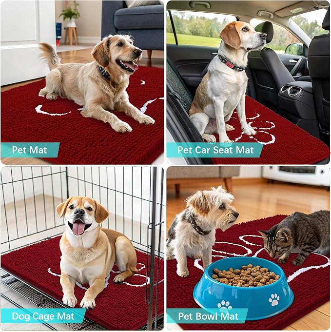 OLANLY Dog Door Mat for Muddy Paws 30x20, Paw Print Design, Absorbs Moisture and Dirt, Absorbent Non-Slip Washable Doormat, Quick Dry Chenille Mud Mat for Dogs, Entry Indoor Entryway Carpet, Red - Image 7