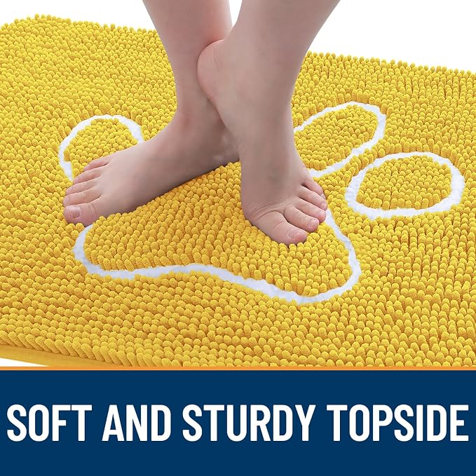 OLANLY Dog Door Mat for Muddy Paws 30x20, Paw Print Design, Absorbs Moisture and Dirt, Absorbent Non-Slip Washable Doormat, Quick Dry Chenille Mud Mat for Dogs, Entry Indoor Entryway Carpet, Yellow - Image 4