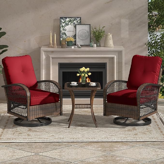 EROMMY 3 Pieces Patio Furniture Set, Outdoor Swivel Rocker Patio Chairs, Wicker Patio Bistro Set with Rocking Chair, Thickened Cushions and Glass Coffee Table for Backyard, Garden, Wine Red