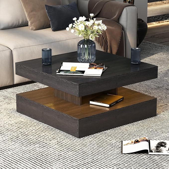 Black Led Coffee Table for Living Room, Square Living Room Table with Storage, Wooden Center Table Modern High Glossy Coffee Tables with 16 Colors LED Lights for Dining Room