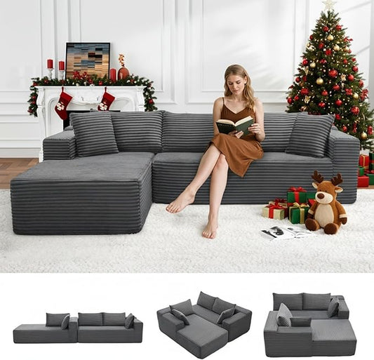 Cloud Sectional Couch, 105" Modular Sectional Sofa with Right Chaise Lounge, Modern Modular L-Shape Sofa with Pillows & Deep Seat, Boneless Couches for Living Room Bedroom, Dark Grey
