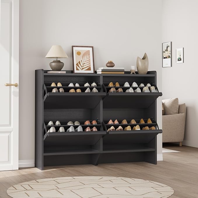 GarveeHome Shoe Cabinet with 4 Flip Drawers, Wooden Shoe Organizer Cabinet with Adjustable Shelf, Shoe Storage for Entryway, Hidden Shoe Cabinet for Hallway, Living Room, Black - Image 7