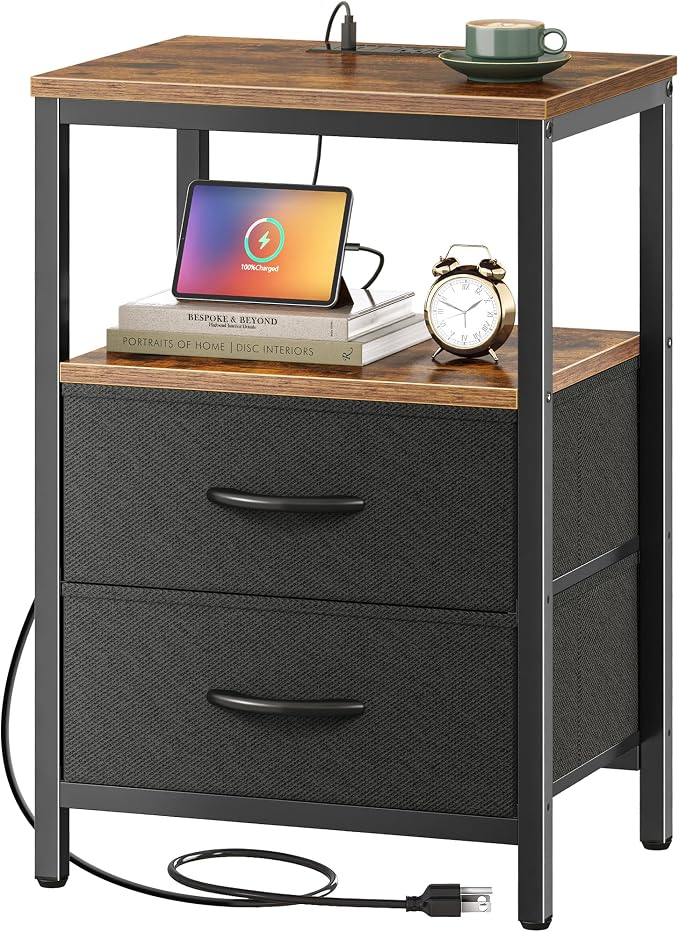 Huuger Nightstand with Charging Station, Side Table with Fabric Drawers, End Table with Open Shelf, Bedside Table with USB Ports and Outlets, Night Stand for Bedroom, Rustic Brown and Black by Huuger