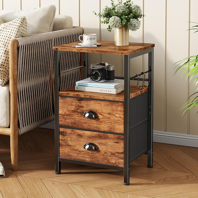Furologee Nightstand with 2 Fabric Drawers, Night Stand with 2-Tier Shelf, Bedside Table with Hooks, Open Wooden Shelf, End Table for Bedroom, Backboard Design, Metal Frame, Rustic Brown - Image 2