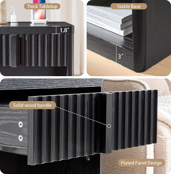 YANSNWO Fluted Nightstand with Charging Station, 23.6" Bedside Table with Open Shelf and Drawers Storage, End Table with Solid Wood Handle, Curved Profile Design, Night Stand for Bedroom, Black - Image 4
