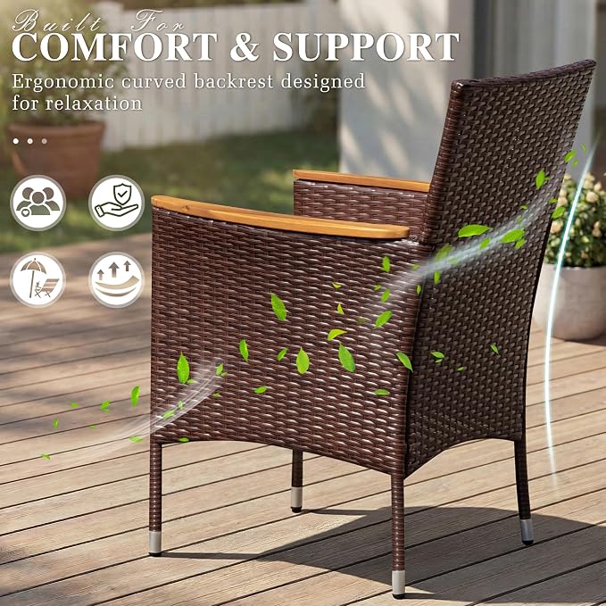 Devoko Outdoor Patio Dining Sets 9 Pieces Wicker Outdoor Dining Table and Chairs Set with Acacia Wood Table Top and Widened Armrests for Backyard, Garden, Deck (Brown) - Image 4