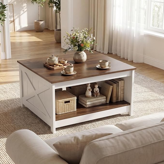 Giantex Farmhouse Coffee Table, 31 Inch Square Wood Coffee Table with Storage Shelf, 2-Tier Vintage Center Table with Open Compartment, Rustic Living Room Table for Home Office, White & Brown