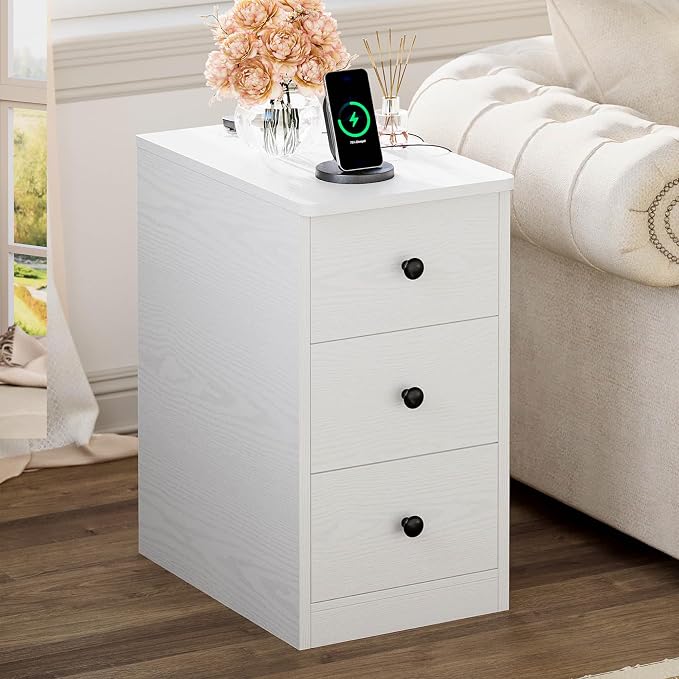 LIKIMIO Nightstand with Charging Station, Narrow Bedside Table with 3 Drawers, End Table with USB Ports and Outlets, Side Table for Living Room/Bedroom Modern - Image 9