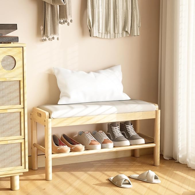 Entryway Shoe Storage Bench, 2-Tier Wood Shoe Rack with Cushion, Padded Seat Entryway Organizer with Shelf & Hidden Storage for Entry, Hallway, Living Room, Bedroom, Closet (Natural, 31.5") by PureLoom