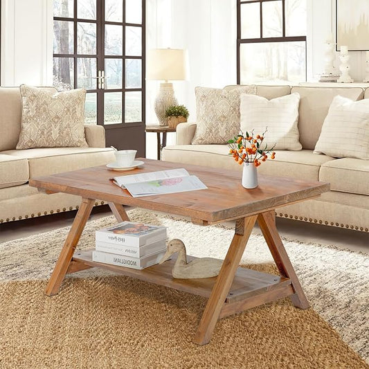 Farmhouse Coffee Table for Living Room, 2-Tier Solid Wood Coffee Table, Rustic Rectangular with Storage Open Shelf, Natural