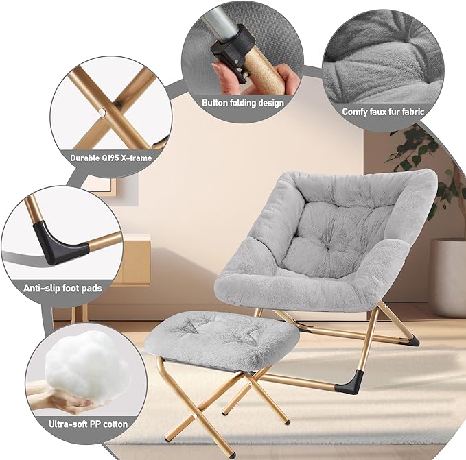 Youtanic Comfy Oversized Saucer Chair with Ottoman,Soft Faux Fur Reading Lounge Chair for Adults,Stable X-Large Metal Frame and Non-Slip Pad,Cozy Chair for Bedroom, Living Room, Dorm, Light Gray
