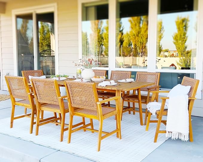 PHI VILLA 9 Pieces Acacia Wood Outdoor Dining Set for 8, Teak Rectangle Wooden Table & Chairs with Wicker Seat and Back, Farmhouse Dining Furniture Set for Patio, Deck, Yard, Porch - Image 7
