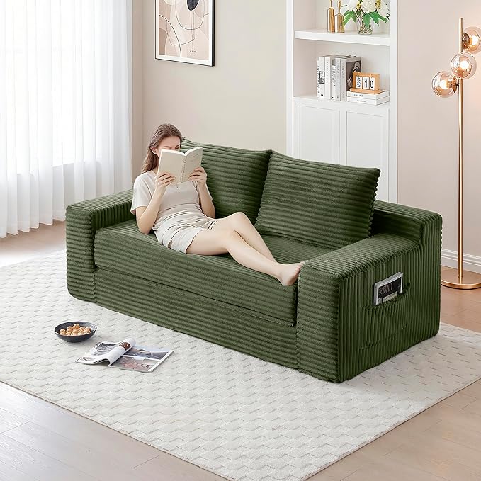 73" Convertible Sofa Bed, 2 in 1 Corduroy Folding Couch with Pillows, No Assembly Boneless Compression Sofa in Box, Loveseat with Side Storage Pocket for Apartment, Living Room, Green